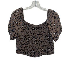 J Gee Smocked‎ Leopard Print Crop Top XL Brown Black Puff Sleeve